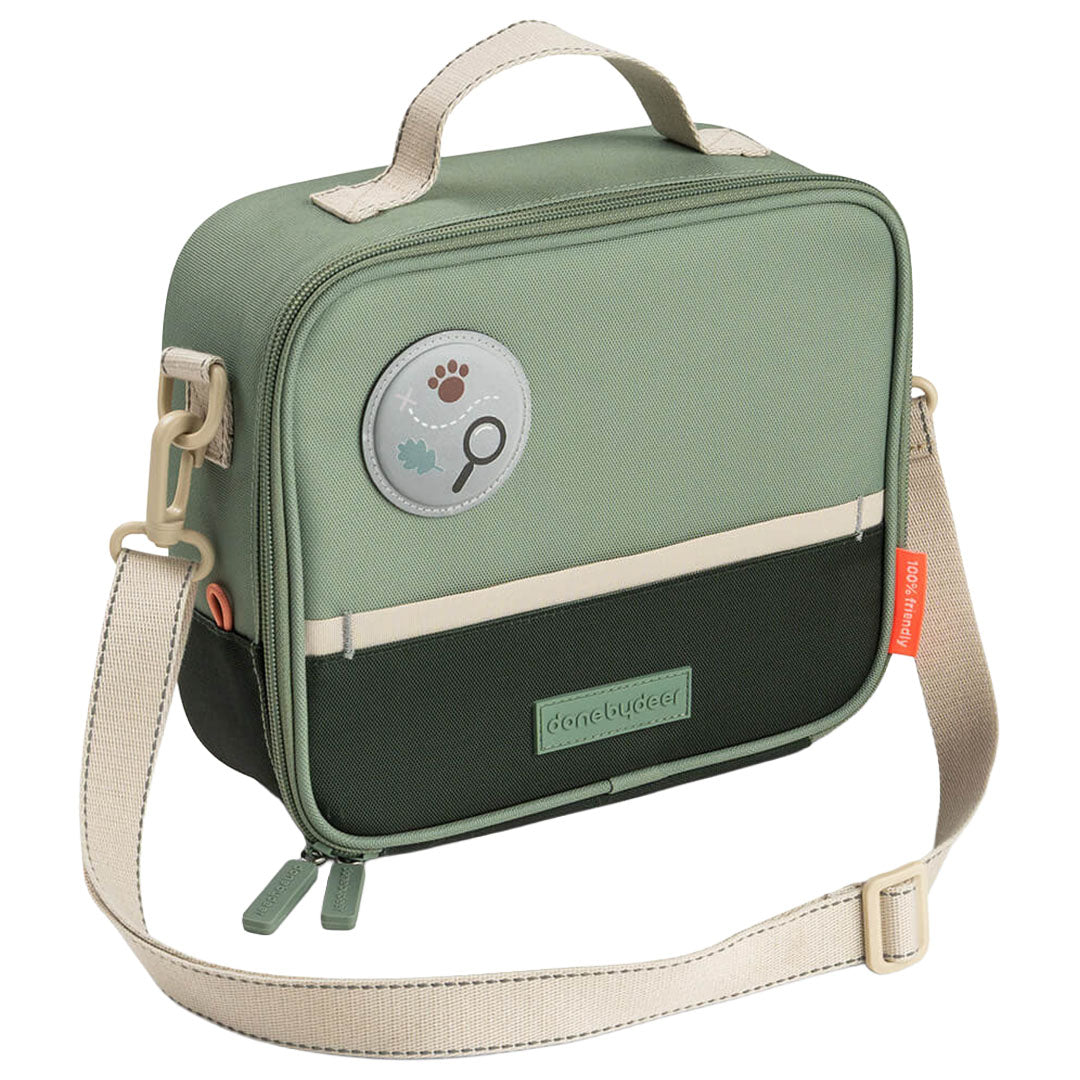 Done by deer groene lunchtas voor kinderen met dierenthema en schouderband.