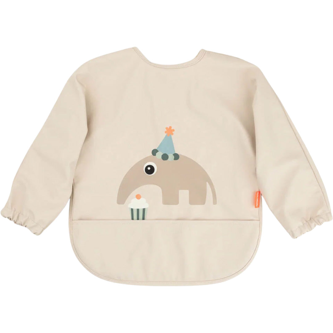 Done by Deer mouwslabbetje in zandkleur met een olifant met feesthoedje en cupcake.