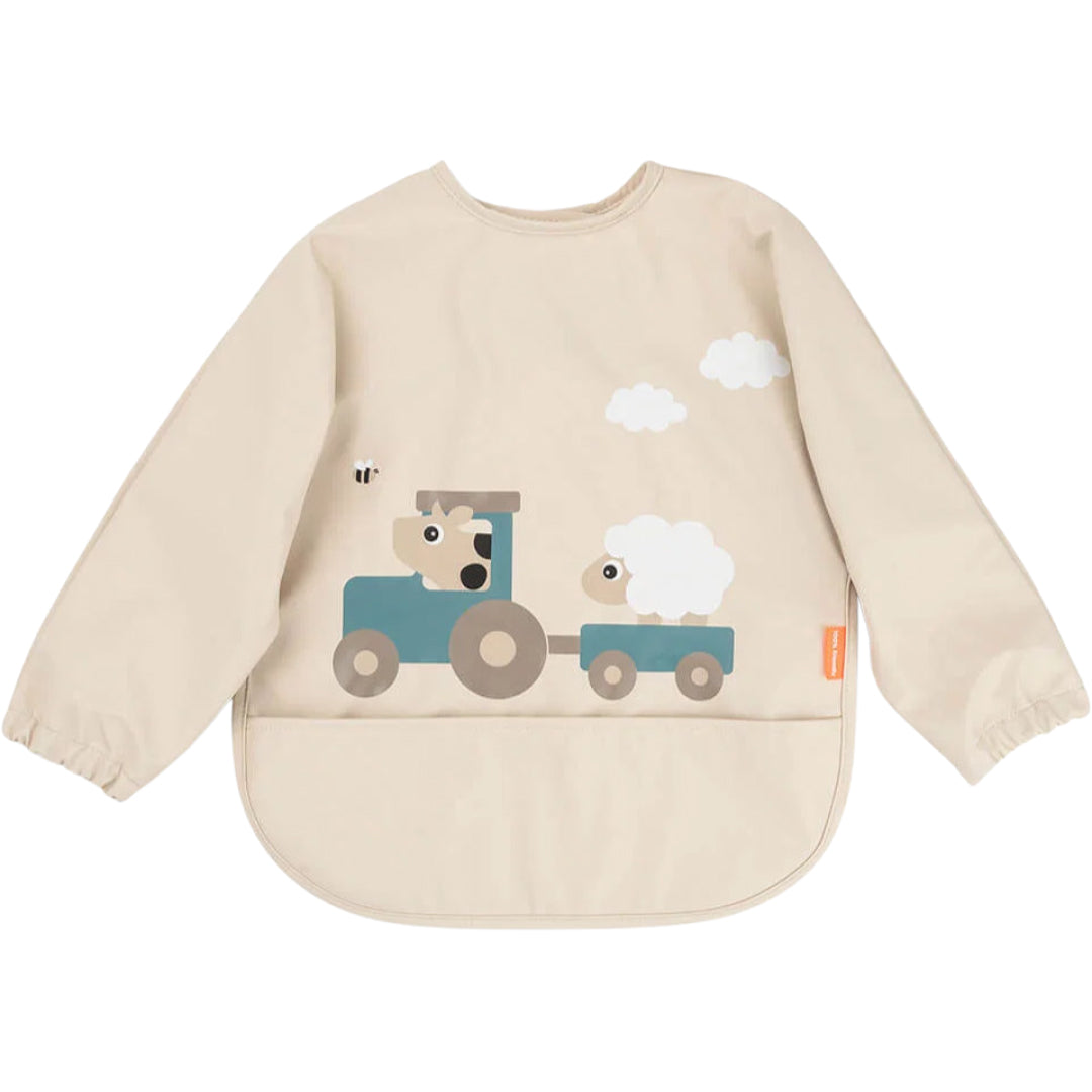 Done by Deer beige mouwslabbetje met een boerderijthema van een tractor met koe en schaap.