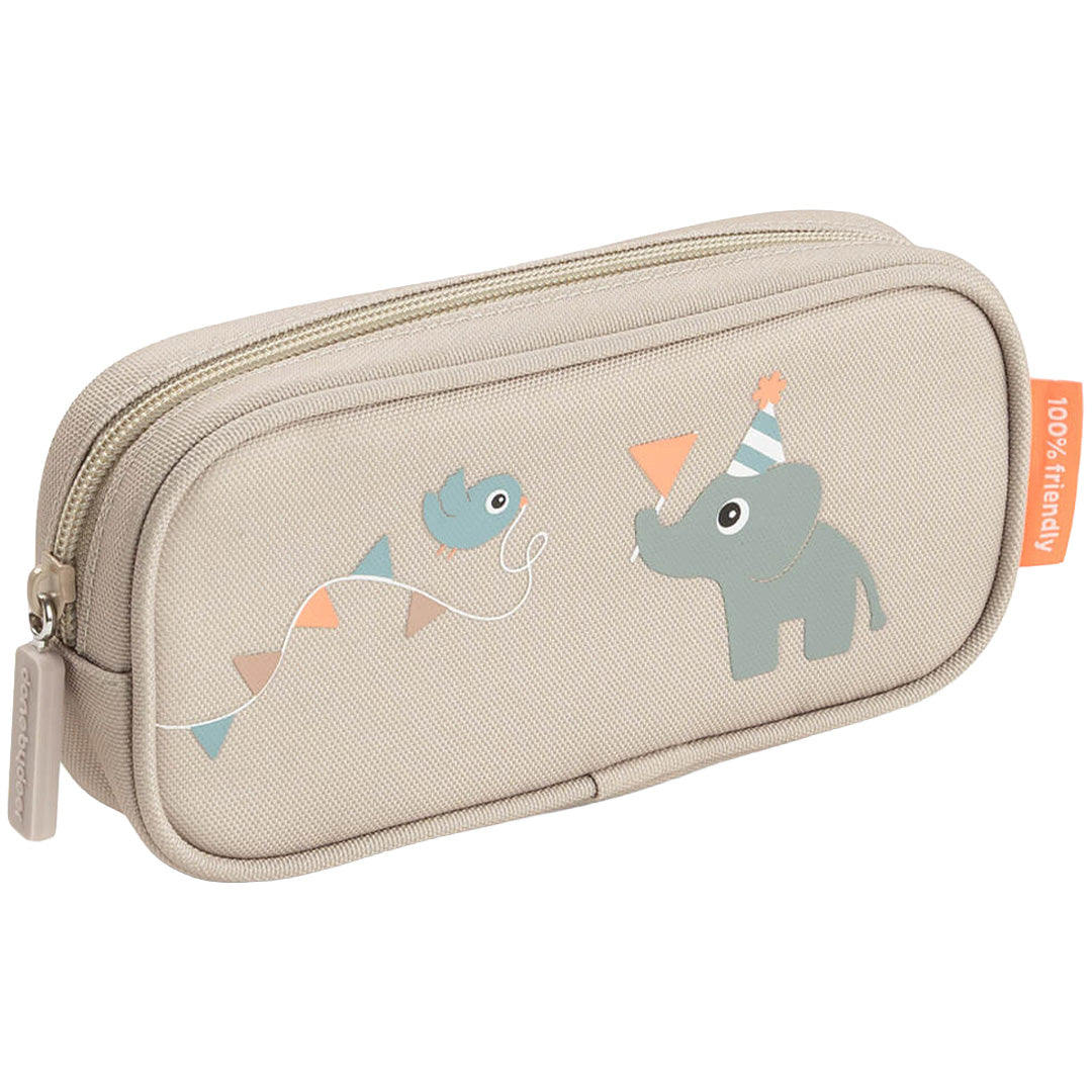 Done by Deer pennenetui in beige met een olifant en vogel met feestmuts.