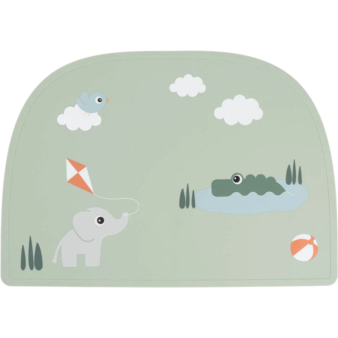 done by deer groene placemat met olifant, krokodil en vogel.
