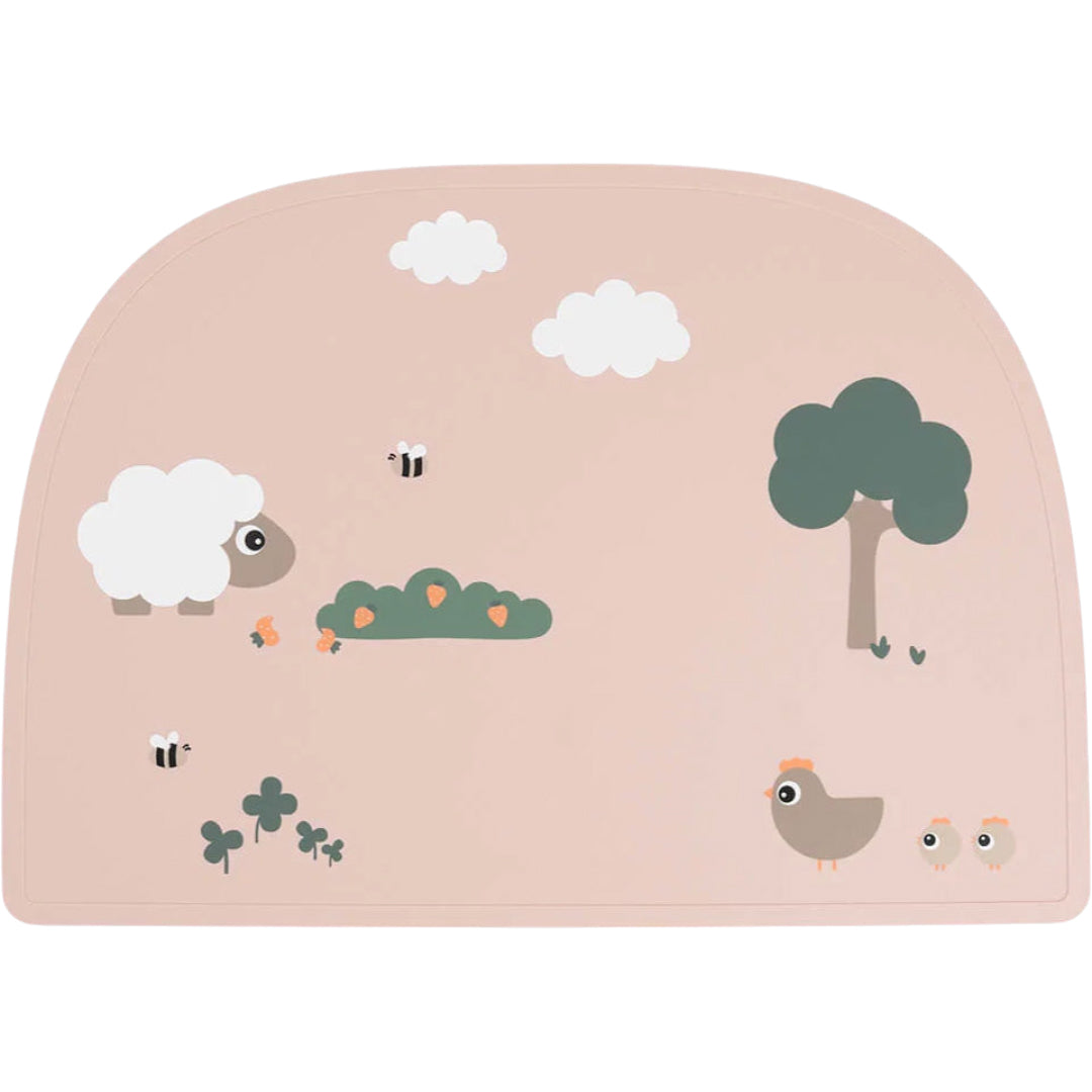 done by deer roze siliconen baby placemat met Tiny Farm dierenpatroon.