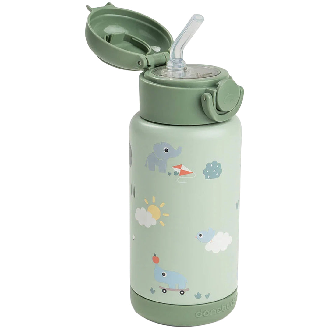 done by deer groene thermosfles met open dop en rietje, met playground dierenpatroon.