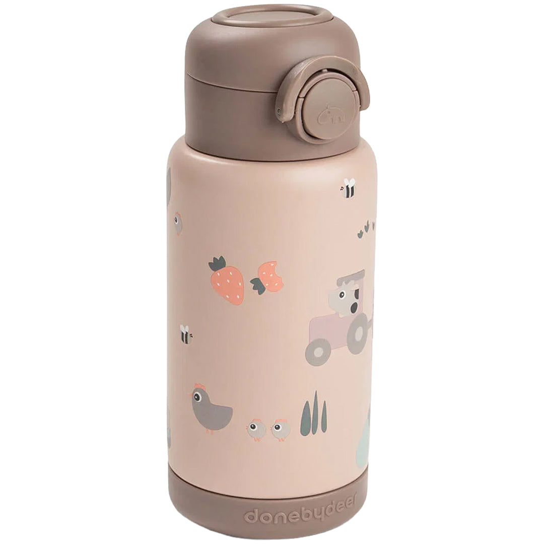 Done by Deer kinderthermosfles met rietje in roze met Tiny Farm print en gesloten bruine dop.