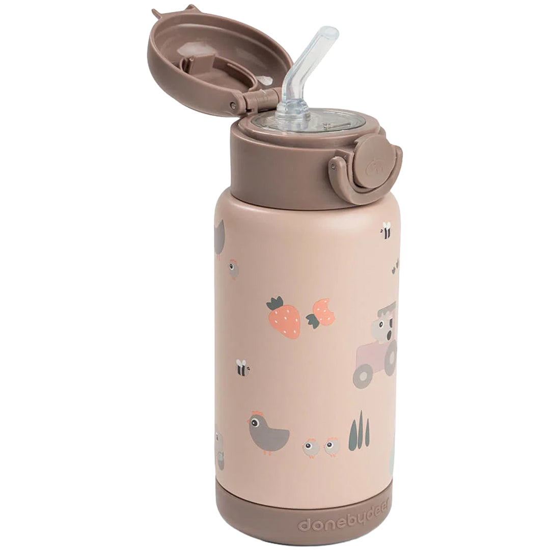 Done by Deer kinderthermosfles met rietje in roze met open dop en Tiny Farm print van dieren en een tractor.