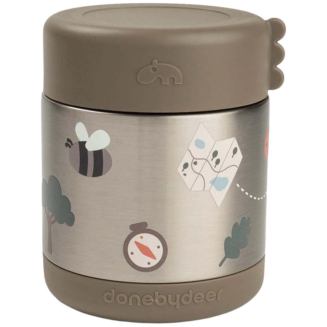 Done by Deer roestvrijstalen voedselpot met beige deksel en Tiny Trails thema met bij, kaart en kompas.