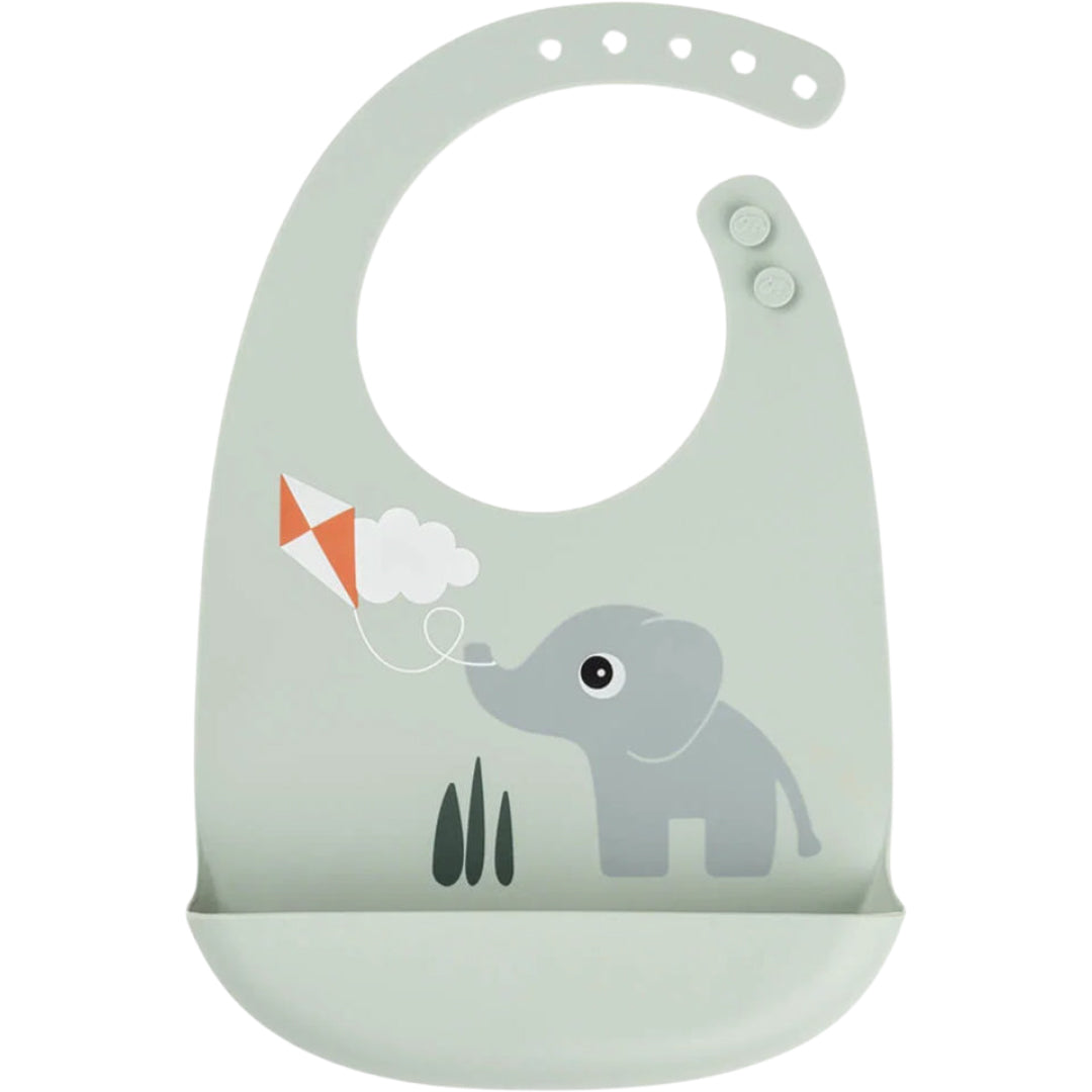 Done by Deer groen siliconen babyslabbetje met olifant en vlieger.