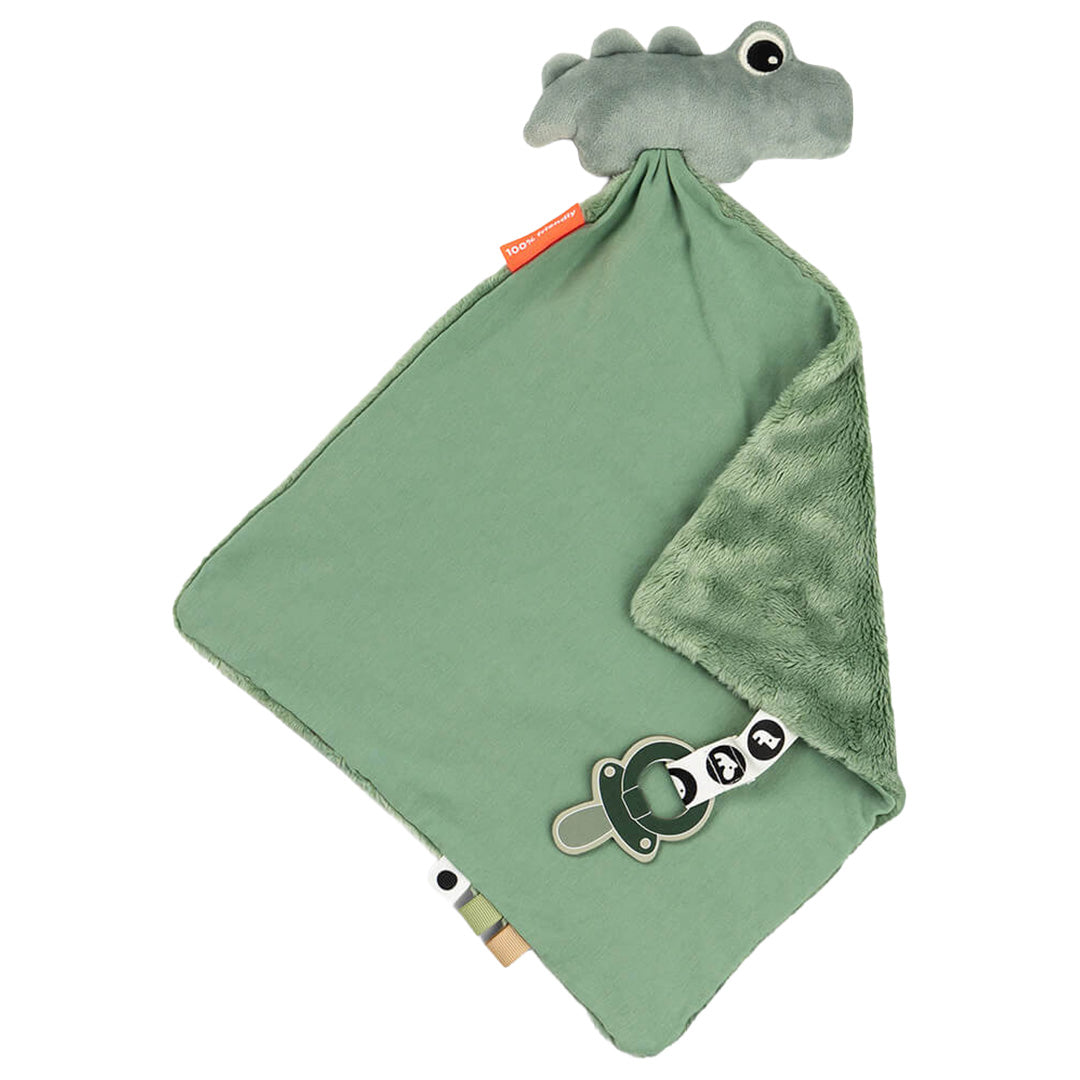 Done by Deer groene babyspeendoek met krokodillenhoofd en speenclip, met gladde en pluizige zijden.