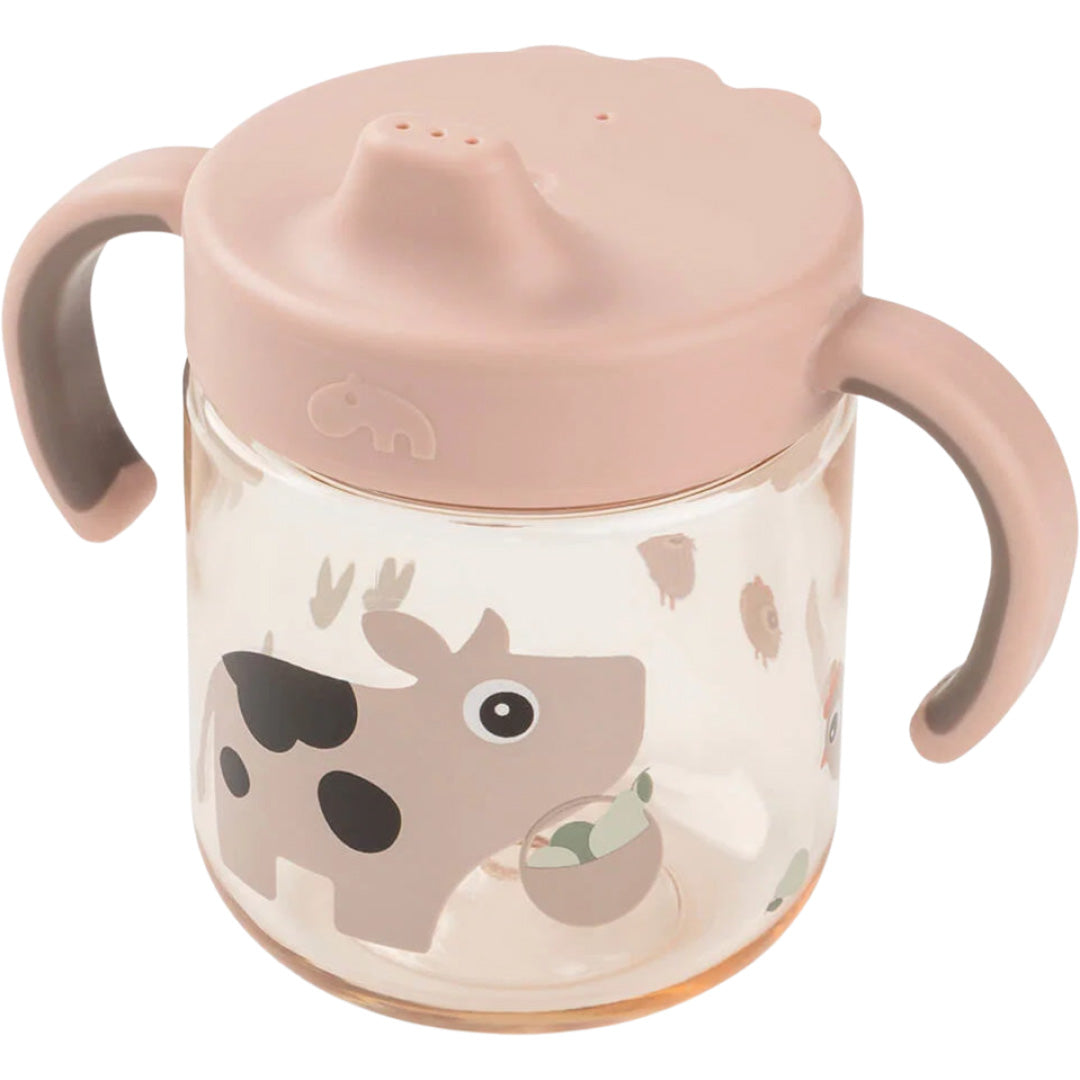 done by deer roze tuitbeker met handvatten en een koeienprint.
