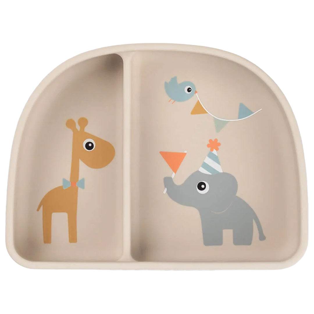 Done by deer beige vakjesbord voor baby's met een giraffe, olifant en vogel in feestthema.