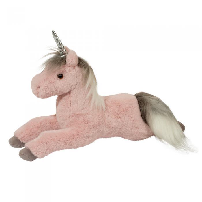 Douglas Toys roze pluchen eenhoorn met zilveren hoorn, liggend.