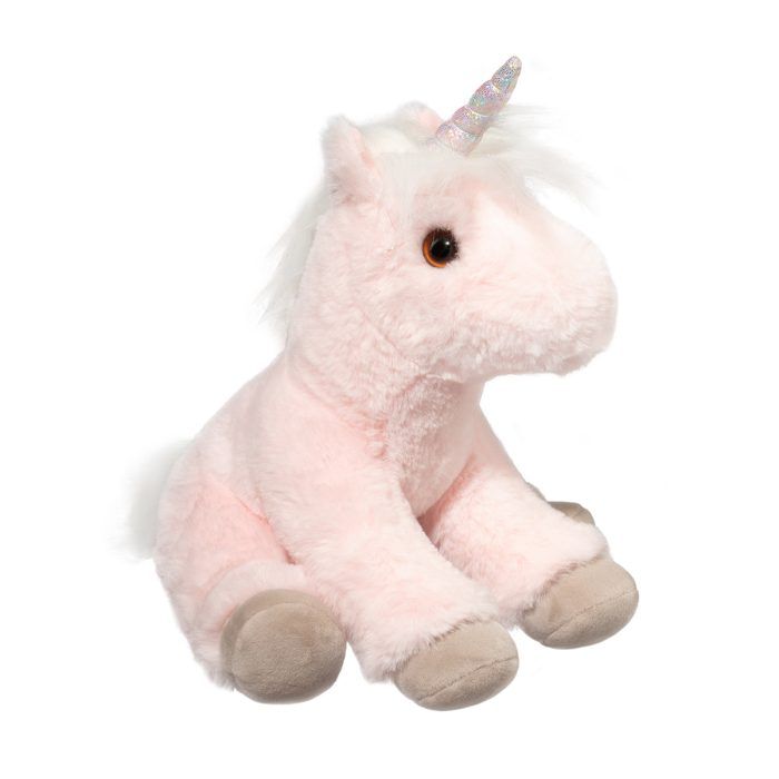Douglas Toys roze pluchen eenhoorn Lexie zit schuin van voren.