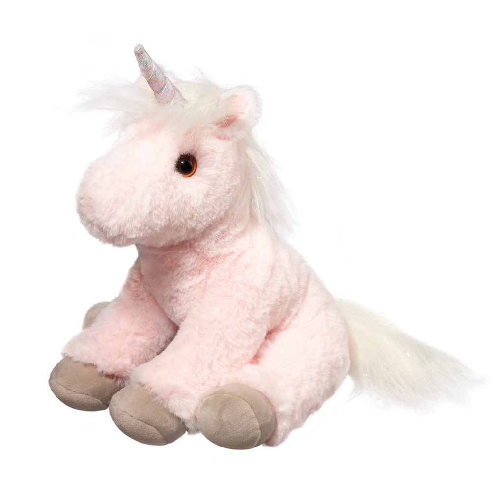 Douglas Toys roze pluchen eenhoorn Lexie zit schuin van de zijkant.