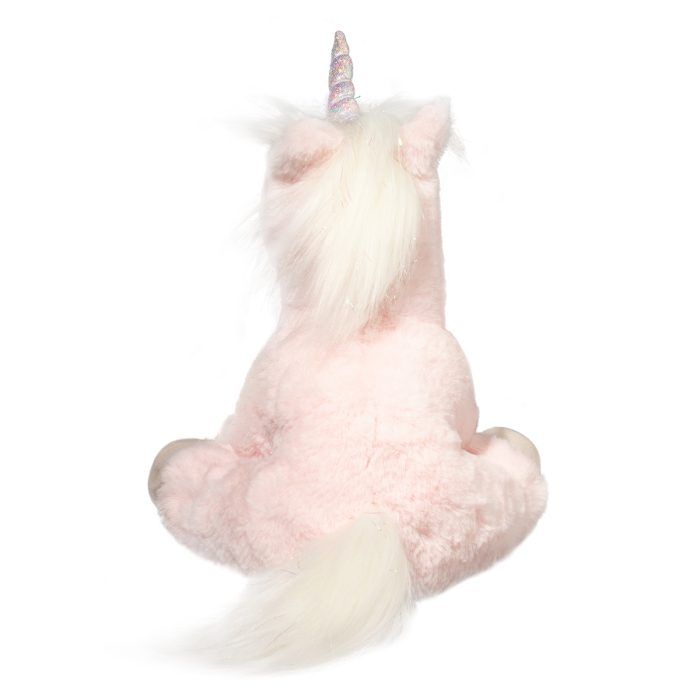 Douglas Toys roze pluchen eenhoorn Lexie zit van achteren.