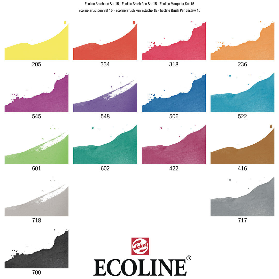 Infographic met 15 kleurstalen en nummers van de Ecoline penseelstiften.