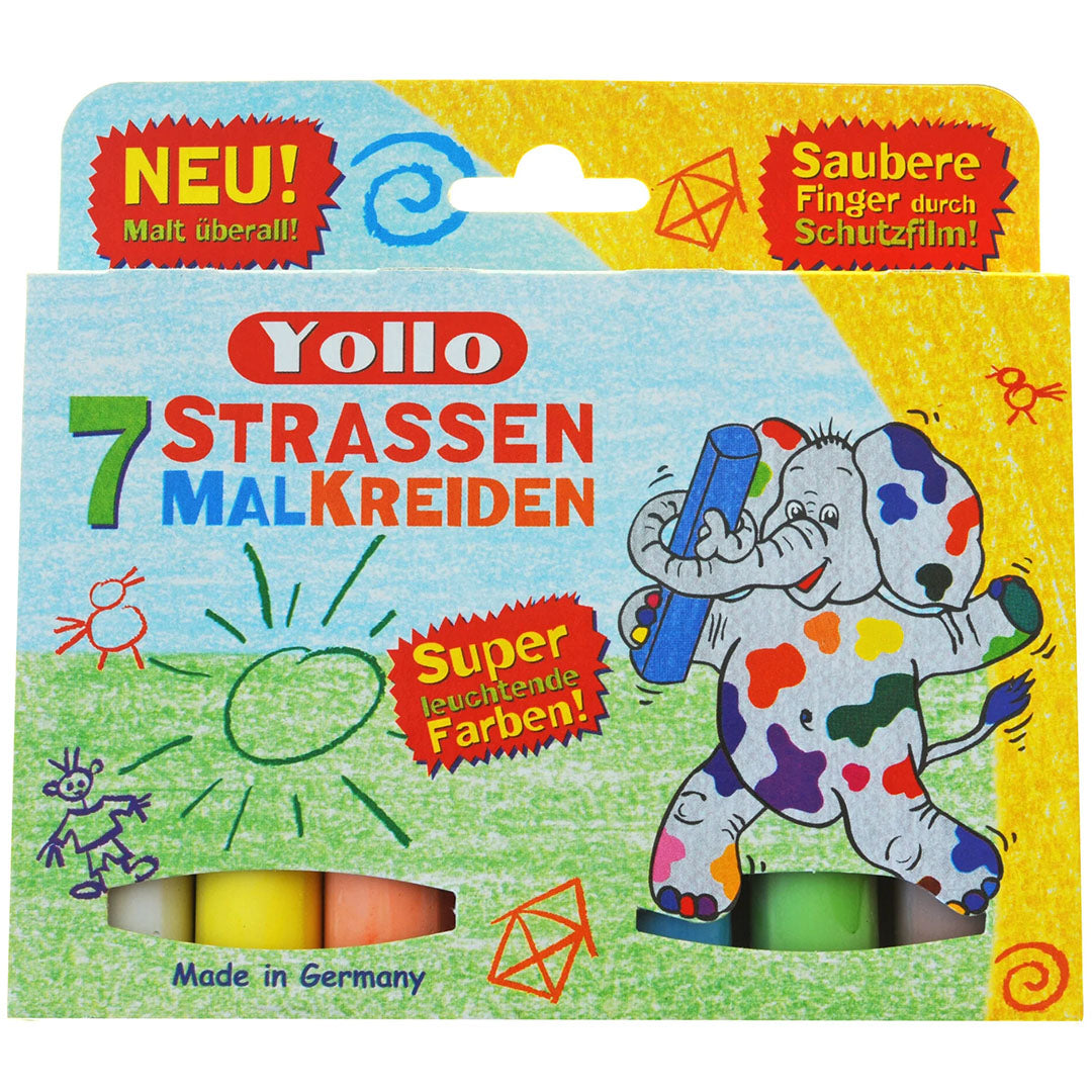 Verpakking van Yollo stoepkrijt met 7 kleuren en een tekening van een olifant.