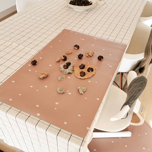 Een eeveve bureaumat met stippen op een geruite tafelkleed met kastanjes en klei.