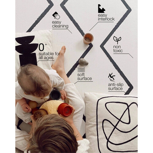 Infographic van de eeveve foam speelmat met kenmerken zoals 'easy cleaning' en 'non toxic'.