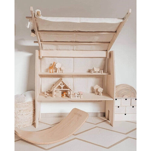 eeveve foam speelmat met beige geometrisch patroon in een kinderkamer met een houten speelgoedrek en balansbord.