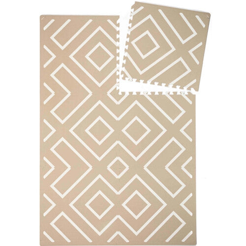 eeveve foam speelmat met beige en wit geometrisch 'modern blocks' patroon, met een losse tegel.