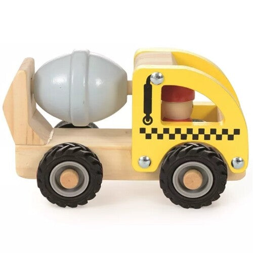 Egmont Toys houten betonwagen met gele cabine, geruit patroon en grijze mixer.