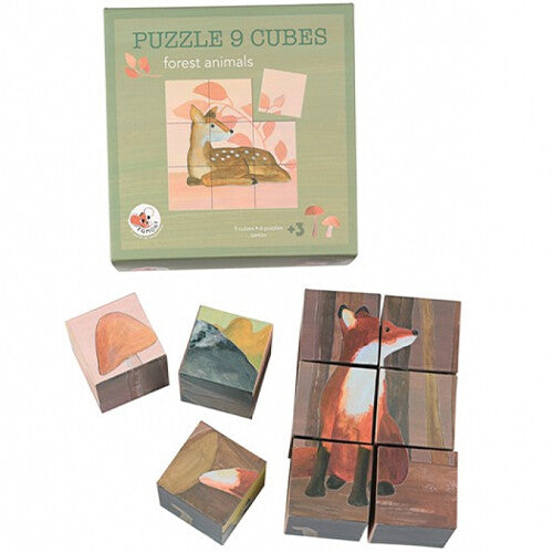 Egmont Toys houten blokpuzzel met bosdieren, deels in de verpakking en deels opgebouwd als een vos.