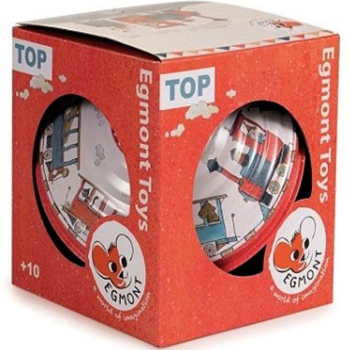 Rode verpakking van de Egmont Toys bromtol met uitgesneden vensters.