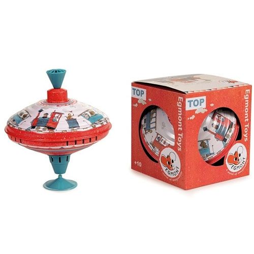 Egmont Toys metalen bromtol met treinthema en dieren, naast de rode productverpakking.