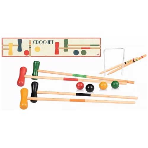 Egmont Toys croquet set met vier gekleurde houten hamers, ballen, poortjes en de verpakking.