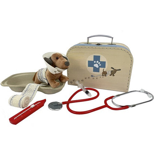 Egmont Toys dierenartskoffer met pluche hondje met kap, verband, stethoscoop en andere medische speelgoedaccessoires.