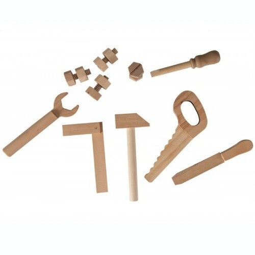 Egmont Toys houten speelgoedgereedschap zoals een zaag, hamer, moeren en bouten.