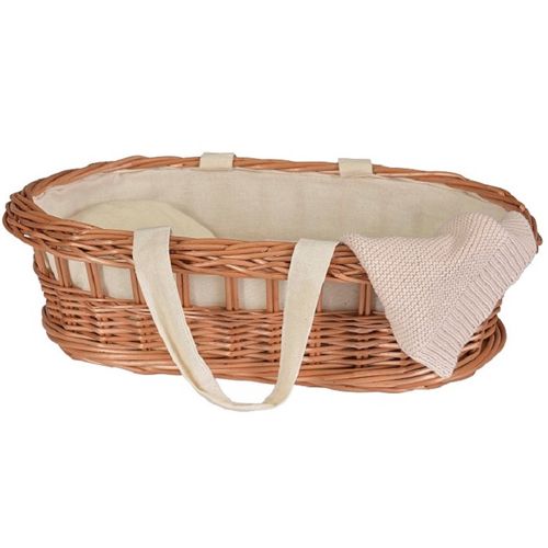 Egmont Toys gevlochten poppenreiswieg van rotan met katoenen bekleding en een deken.