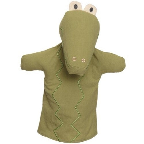 Egmont Toys groene katoenen handpop in de vorm van een alligator met zigzagpatroon.