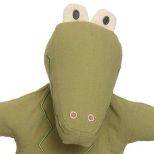 Detail van de kop van de groene alligator handpop.