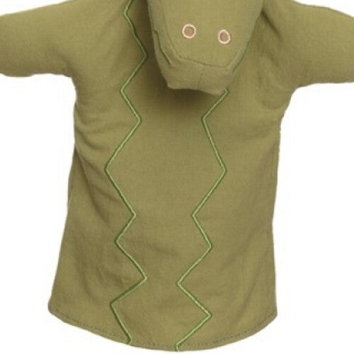 Achterkant van de groene alligator handpop met zigzagpatroon.