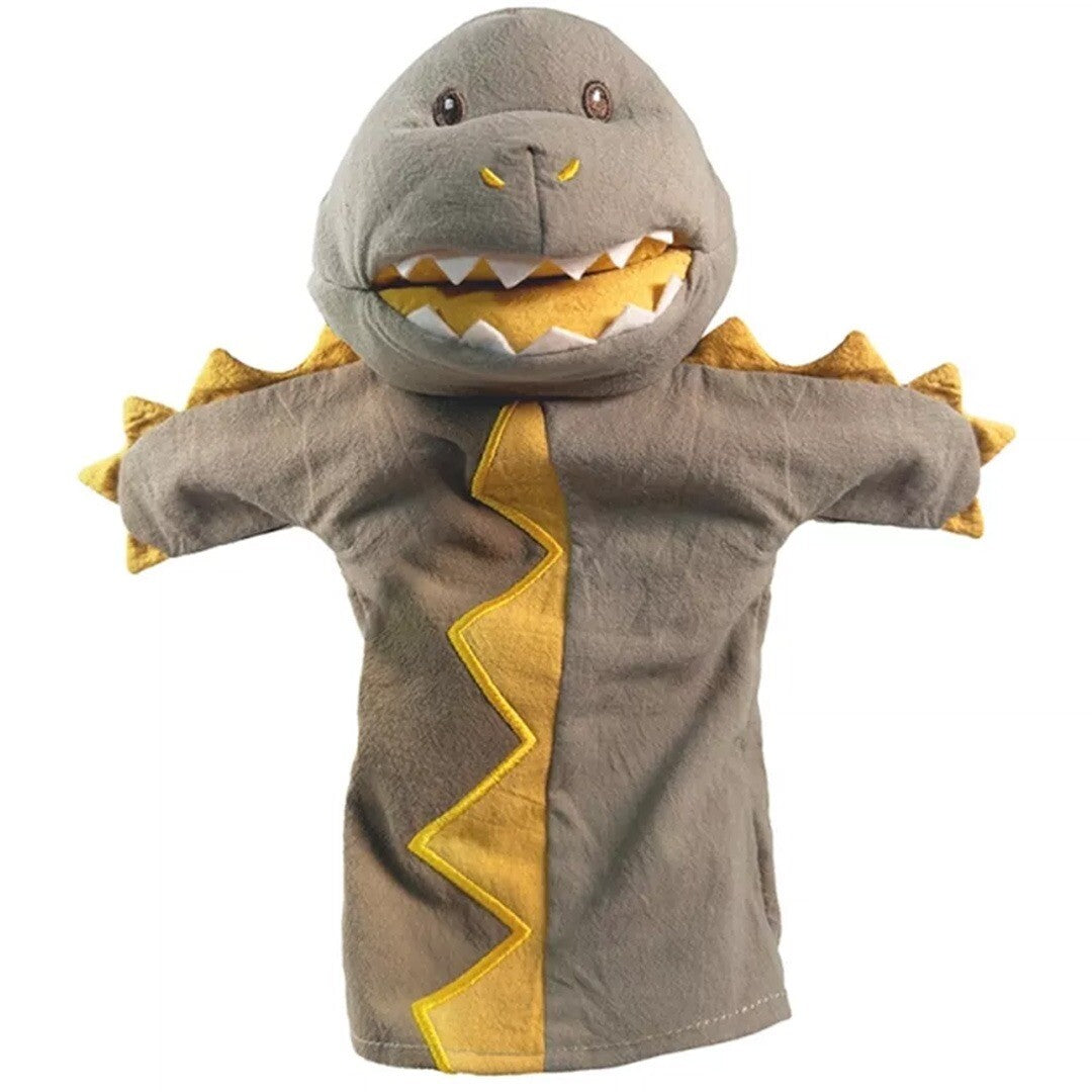 Egmont Toys handpop in de vorm van een grijze draak met gele details en open mond.