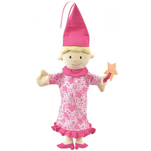 Egmont Toys handpop fee met roze gebloemde jurk, puntmuts en sterrenstaf.