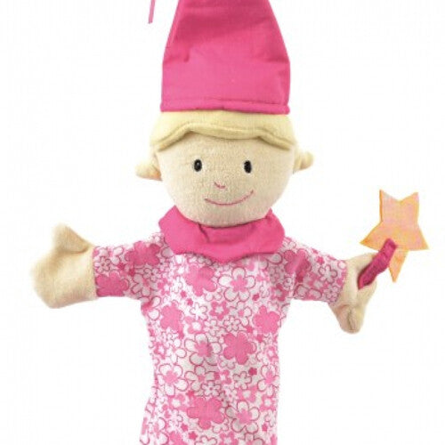 Detailopname van de Egmont Toys handpop fee met roze gebloemde jurk en sterrenstaf.