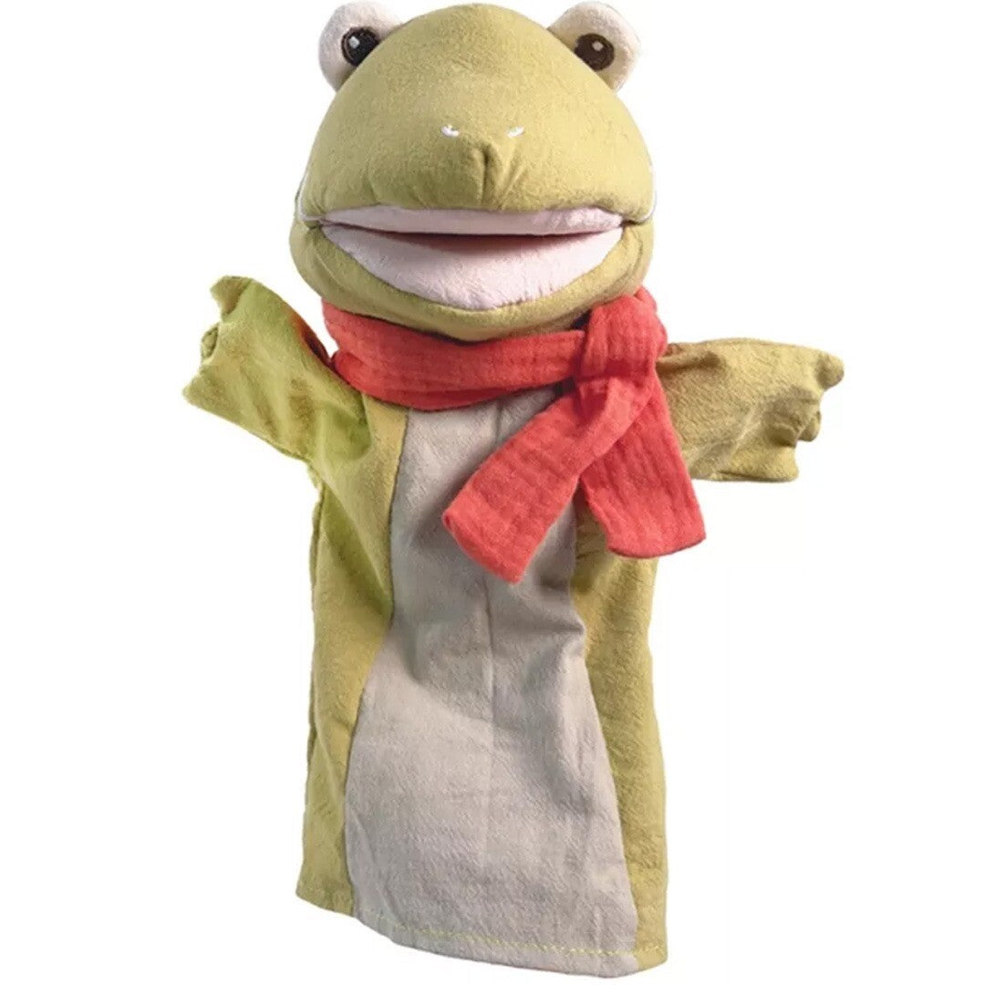 Egmont Toys groene kikker handpop met rode sjaal.