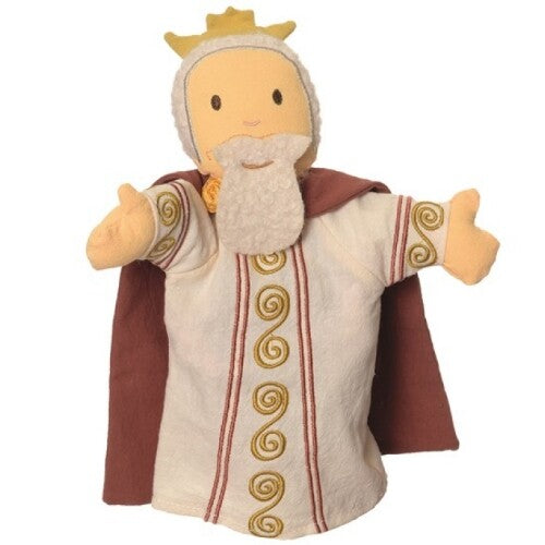 Egmont Toys handpop koning-vader met witte mantel, gouden kroon en bruine cape.