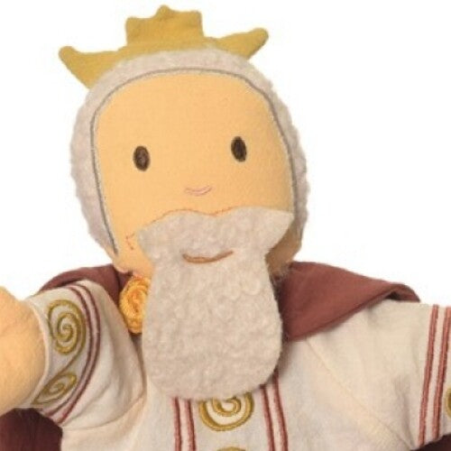 Detail van de Egmont Toys handpop koning-vader met gezicht, kroon en baard.