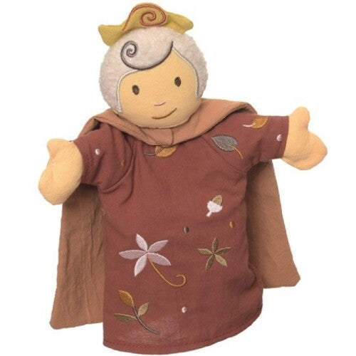 Egmont Toys handpop koningin-moeder in bruine kleding met geborduurde bladeren en bloemen.