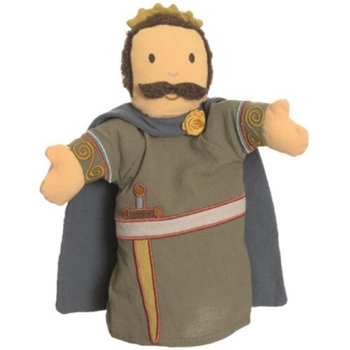Egmont Toys handpop kroonprins met kroon, snor, groene tuniek en grijze cape.