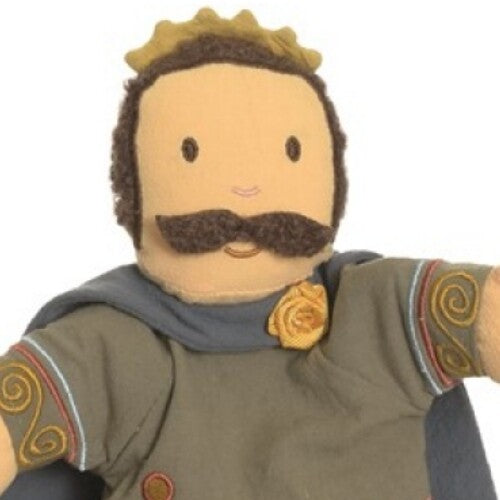 Detail van het gezicht en de kroon van de handpop kroonprins.