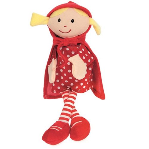 Egmont Toys handpop van Roodkapje met rode cape, een rood jurkje met witte stippen en gestreepte benen.