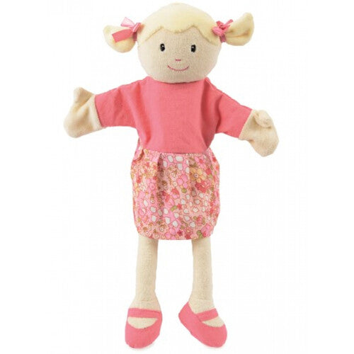 Egmont Toys handpop Sophie, een meisje met blonde staartjes, roze top en gebloemde rok.