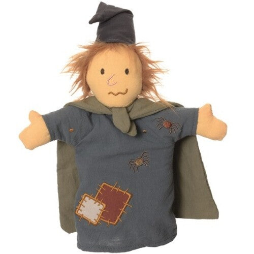 Egmont Toys handpop toverkol met grijs hoedje, oranje haar, blauw lijf met spinnen en lappen, en groene cape.