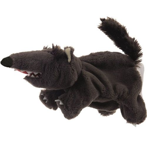 Egmont Toys grijze pluche handpop in de vorm van een wolf met open bek en harige staart.