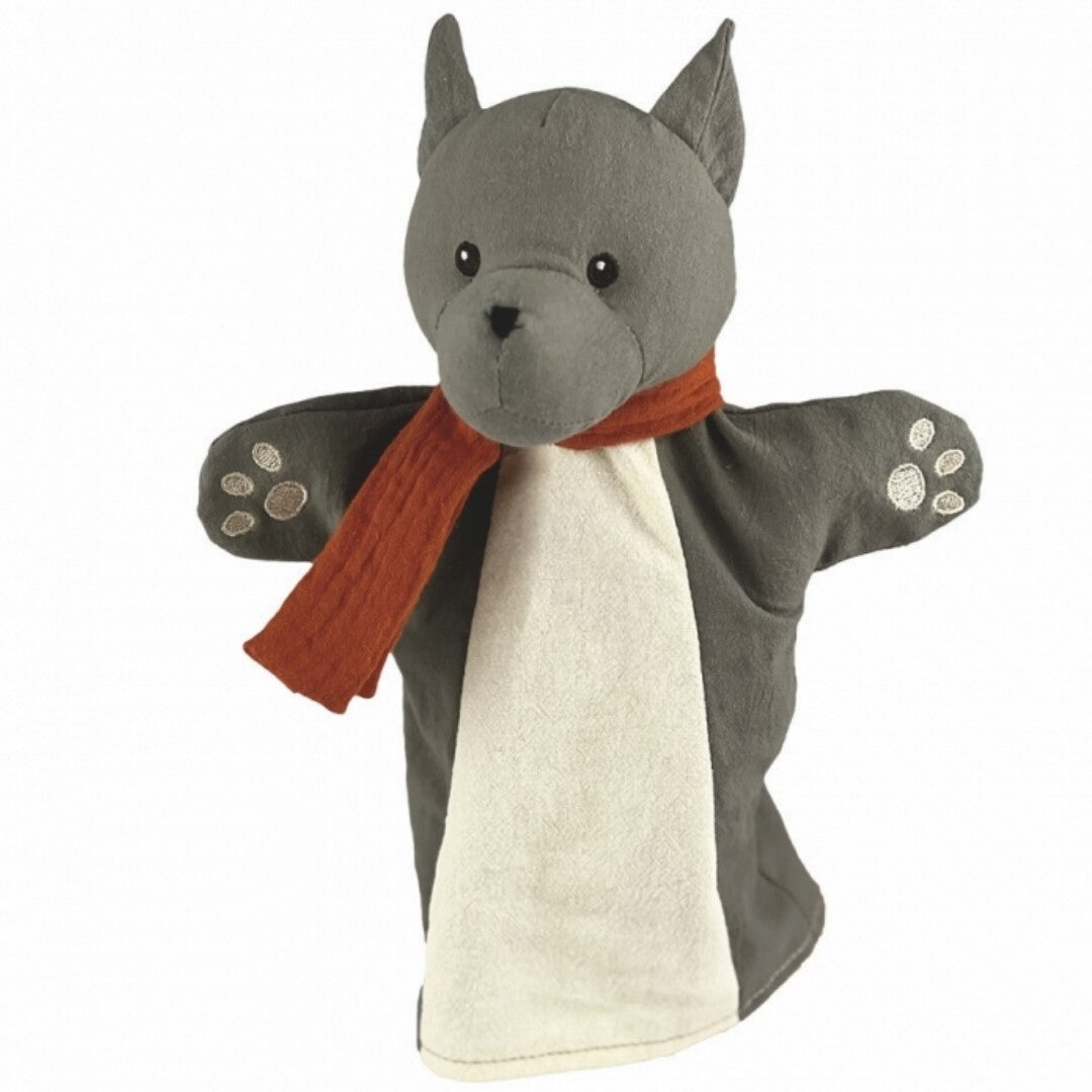 Egmont Toys grijze handpop wolf met oranje sjaal.