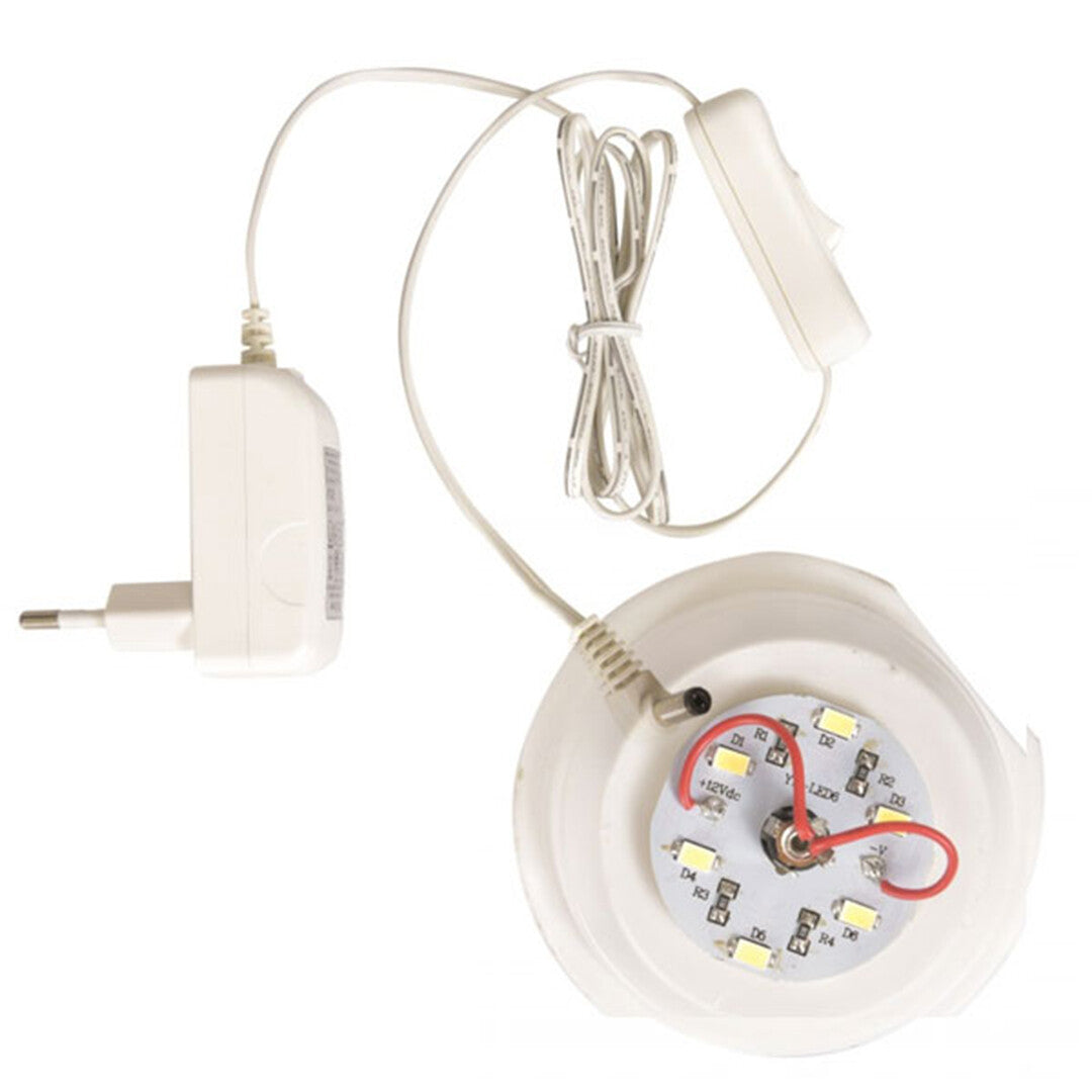 Detail van de LED-lichtbron, adapter en schakelaar van de paddenstoel nachtlamp.